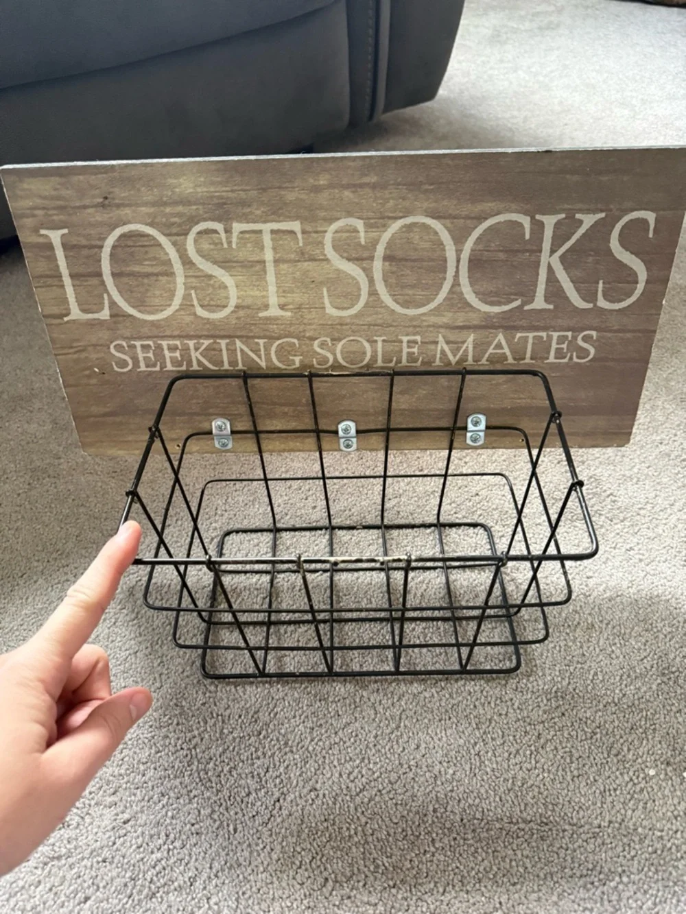 Lost Socks 'Seeking Sole Mates' Rustic Wood Sign with Metal Basket